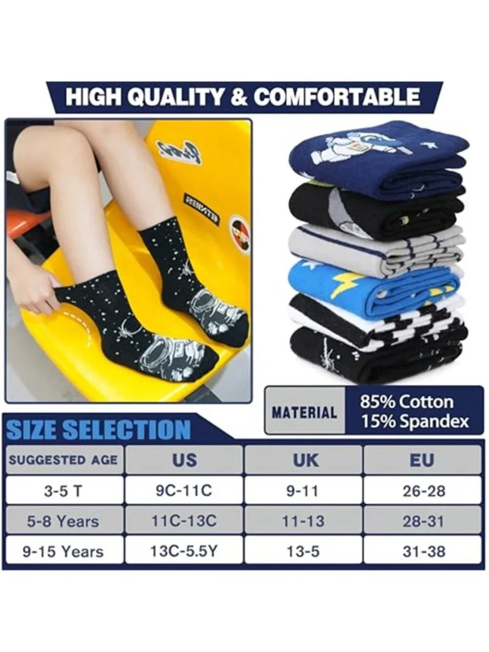 6 Pairs Kids Boys Fun Cotton Crew Socks Funny Crazy Cartoon Novelty Space